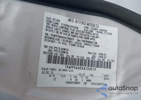 2005 Ford Taurus Sel from USA, damaged, VIN 1FAFP56U05A150517